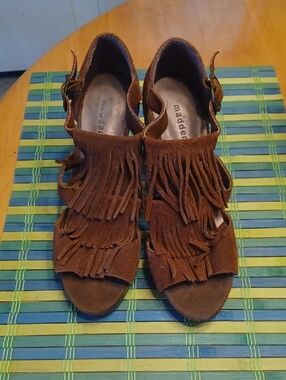 Madden Girl Brown Suede Fringe Peep-Toe Heels Size 7.5